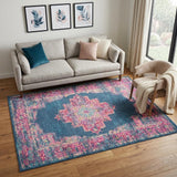 5' X 7' Blue And Pink Medallion Distressed Area Rug