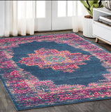 5' X 7' Blue And Pink Medallion Distressed Area Rug