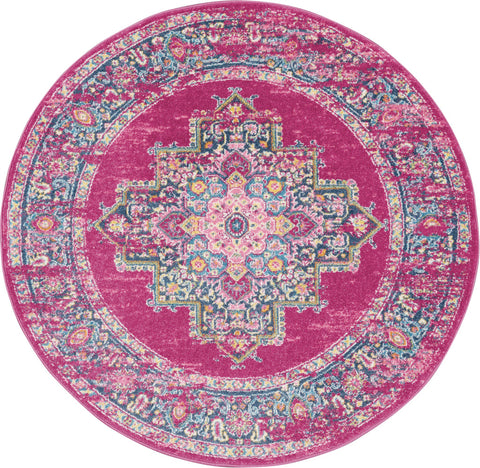8' Fuchsia And Blue Oriental Distressed Round Rug