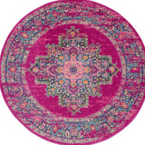 8' Fuchsia And Blue Oriental Distressed Round Rug