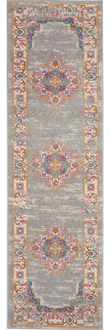 8' Gray And Gold Medallion Distressed Runner Rug