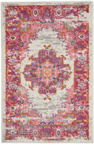 2' X 3' Ivory And Fuchsia Oriental Distressed Area Rug