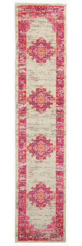 8' Ivory And Fuchsia Oriental Distressed Runner Rug