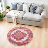 4' Ivory And Fuchsia Oriental Distressed Round Rug