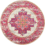 4' Ivory And Fuchsia Oriental Distressed Round Rug