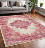 5' X 7' Ivory And Fuchsia Oriental Distressed Area Rug