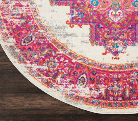 5' Ivory And Fuchsia Oriental Distressed Round Rug