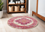 5' Ivory And Fuchsia Oriental Distressed Round Rug