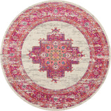8' Ivory And Fuchsia Oriental Distressed Round Rug