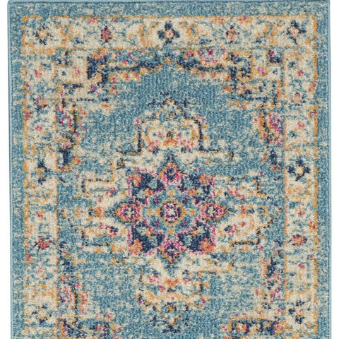 6' Blue And Ivory Southwestern Distressed Runner Rug