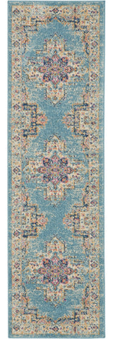 8' Blue And Ivory Southwestern Distressed Runner Rug