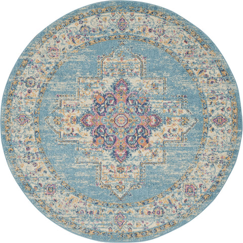4' Blue And Ivory Southwestern Distressed Round Rug