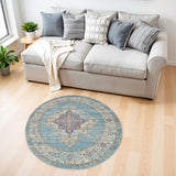 4' Blue And Ivory Southwestern Distressed Round Rug