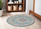 5' Blue And Ivory Southwestern Distressed Round Rug