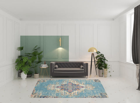 7' X 10' Blue And Ivory Medallion Distressed Area Rug