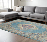 7' X 10' Blue And Ivory Medallion Distressed Area Rug