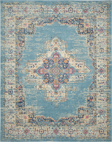 7' X 10' Blue And Ivory Medallion Distressed Area Rug