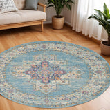 8' Blue And Ivory Southwestern Distressed Round Rug