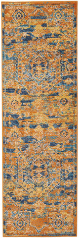 6' Teal And Gold Medallion Distressed Runner Rug