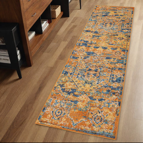 6' Teal And Gold Medallion Distressed Runner Rug
