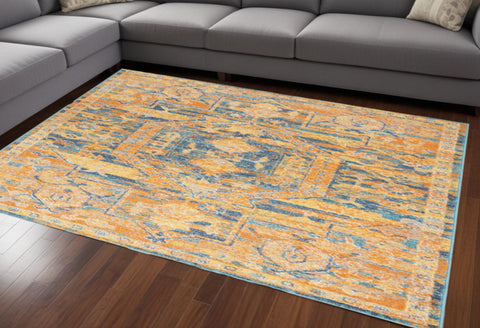 7' X 10' Teal And Gold Medallion Distressed Area Rug