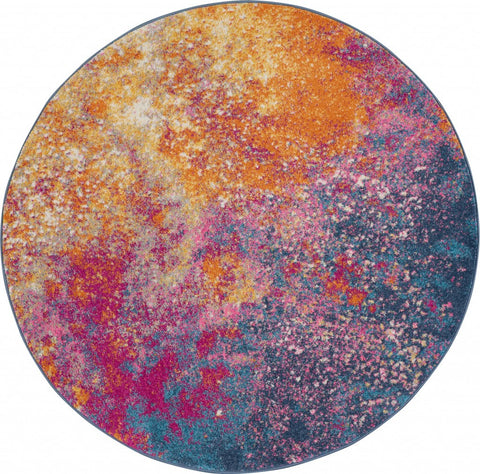 5' Blue And Orange Abstract Round Rug