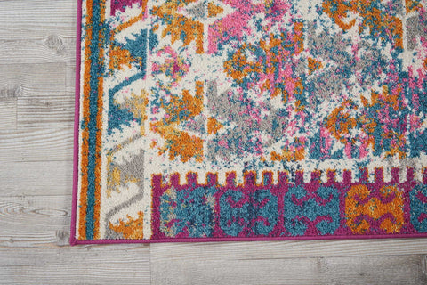 8' Ivory And Magenta Geometric Runner Rug
