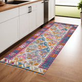 8' Ivory And Magenta Geometric Runner Rug