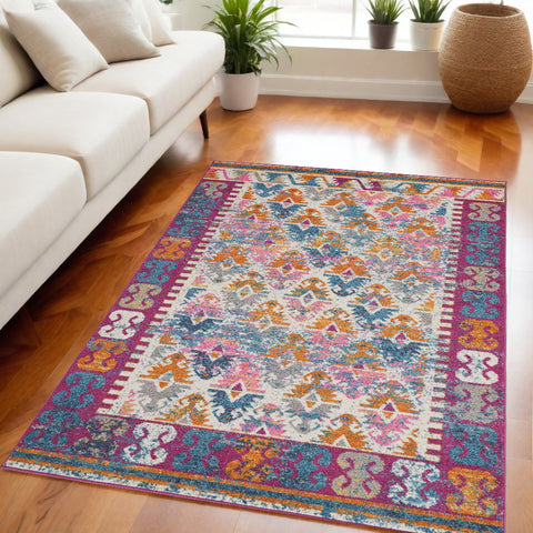 5' X 7' Gray Blue And Orange Ogee Area Rug