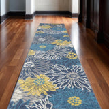 10' Blue And Gold Floral Runner Rug