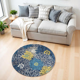 4' Blue And Gold Floral Round Rug