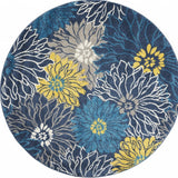 4' Blue And Gold Floral Round Rug