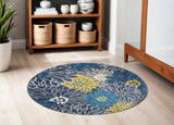 5' Blue And Gold Floral Round Rug