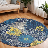 8' Blue And Gold Floral Round Rug