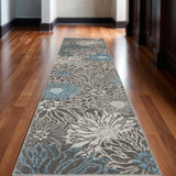 10' Blue And Gray Floral Runner Rug
