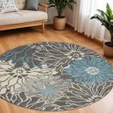 8' Blue And Gray Floral Round Rug