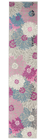 10' Gray And Pink Floral Runner Rug