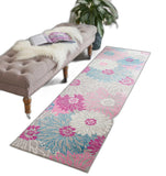 8' Gray And Pink Floral Runner Rug