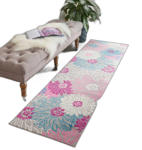 8' Gray And Pink Floral Runner Rug