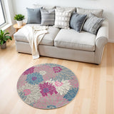 4' Gray And Pink Floral Round Rug