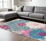 7' X 10' Gray And Pink Floral Area Rug