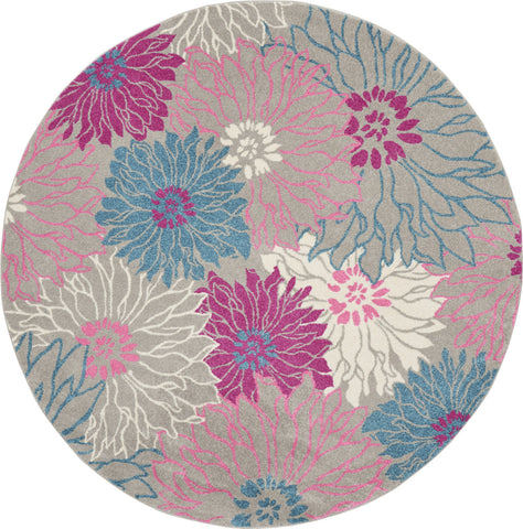 8' Gray And Pink Floral Round Rug