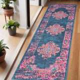 6' Blue And Pink Medallion Distressed Runner Rug