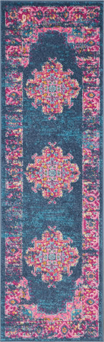 6' Blue And Pink Medallion Distressed Runner Rug