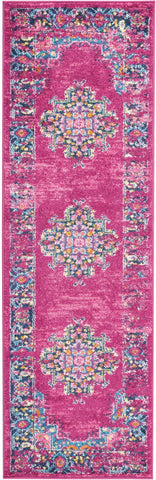 6' Fuchsia And Blue Oriental Distressed Runner Rug