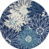4' Blue And Ivory Floral Round Rug