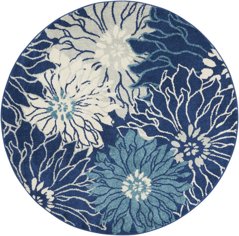 4' Blue And Ivory Floral Round Rug