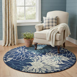 5' Blue And Ivory Floral Round Rug