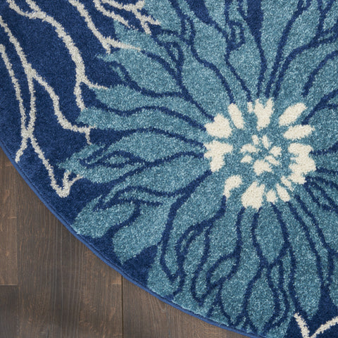 8' Blue And Ivory Floral Round Rug