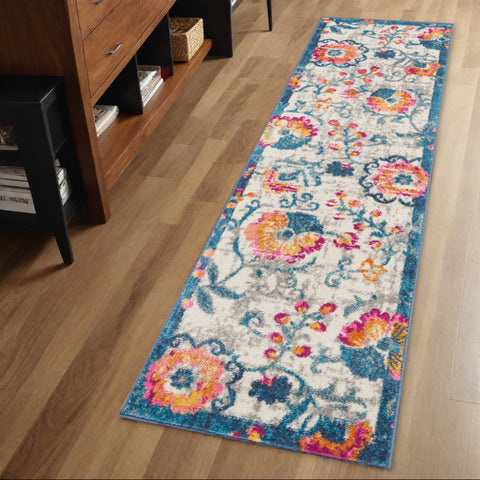 6' Ivory And Blue Floral Runner Rug